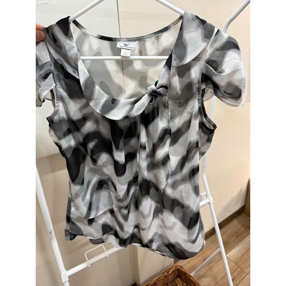 Y2K Worthington Grey Black Abstract Marble Chiffon Cowl Neck Cap Sleeve Blouse M